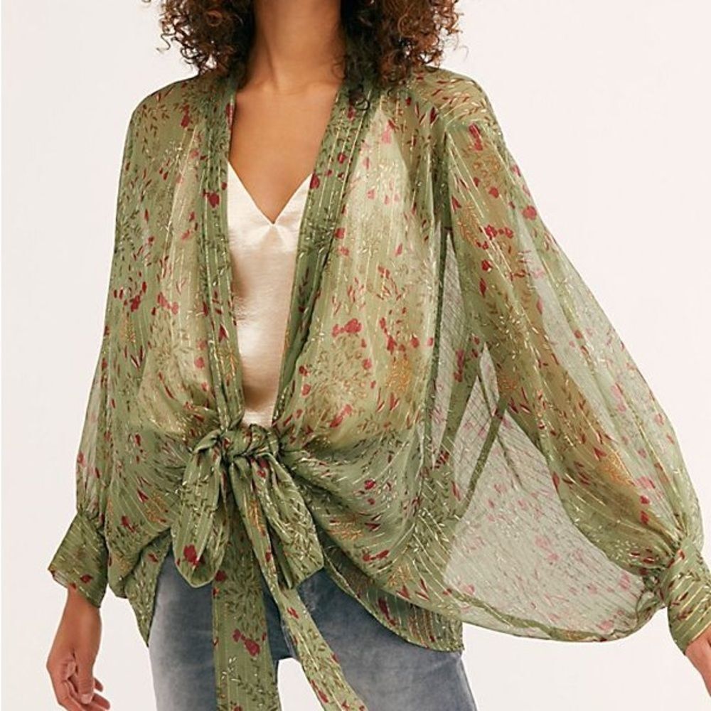 Free People *NAVY* Solstice Shimmer Tie Front Kimono One Size